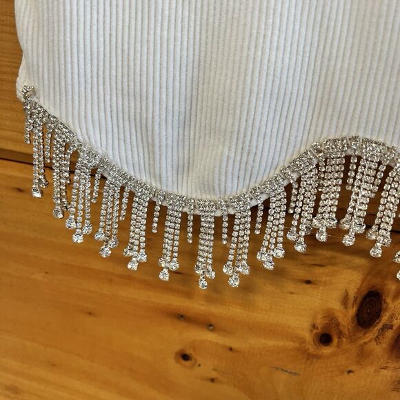 ZARA White Ribbed Knitted Tank Rhinestone Fringe Sleeveless Crop Top M-L  NWT - Picture 3 of 5